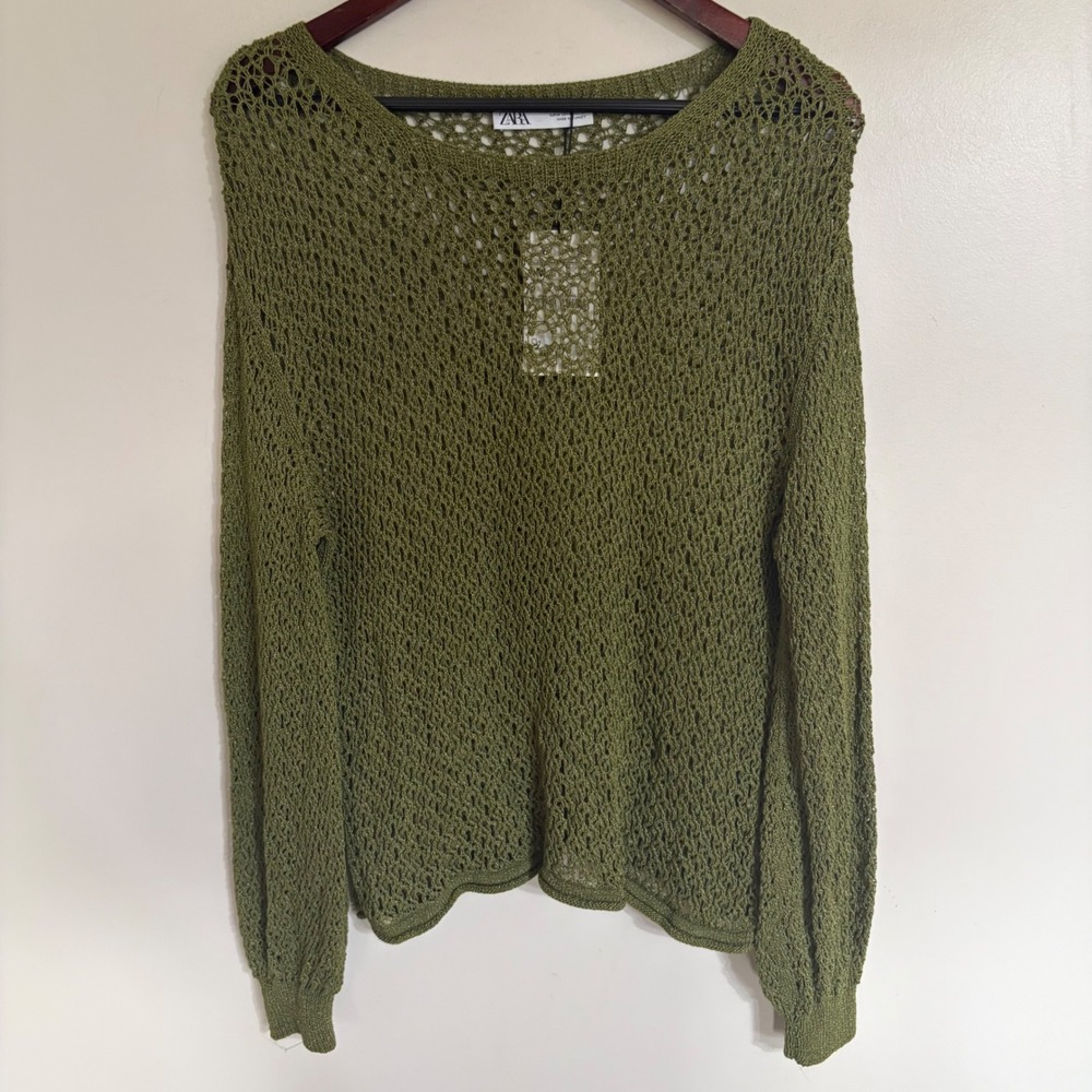 Zara Women Olive Green Open Knit Sweater Metallic Crochet Crew Neck 3859/005 M